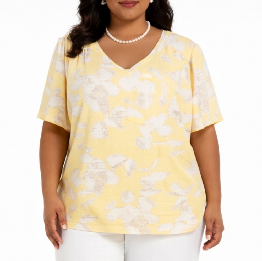 H by HALSTON Size 24W Crepe Flutter Sleeve Vneck Keyhole‎ Tie Back Lined Blouse